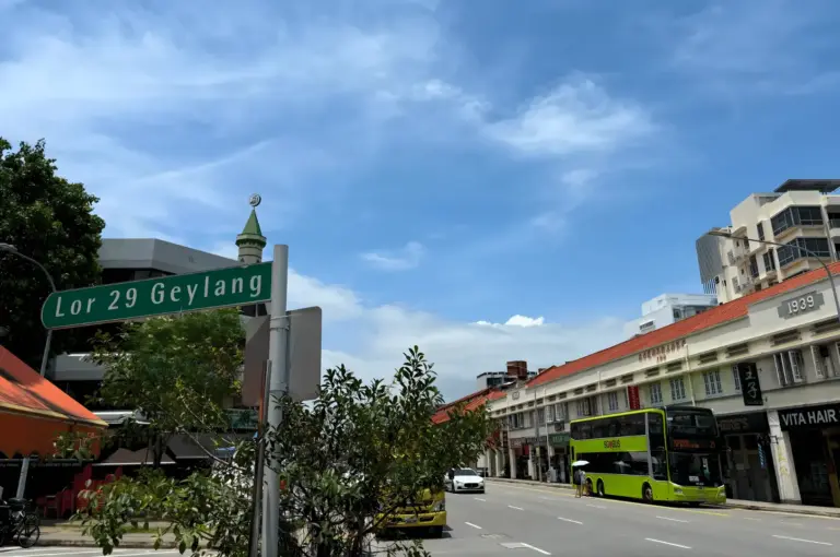 A vibrant street view of Geylang’s shophouses at night, showcasing the colorful neon signs and lively atmosphere of one of Singapore’s most famous late-night food districts.