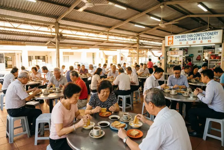 Patrons enjoying a traditional Singaporean breakfast of Kaya Toast, soft-boiled eggs, and kopi at the iconic Chin Mee Chin Confectionery.