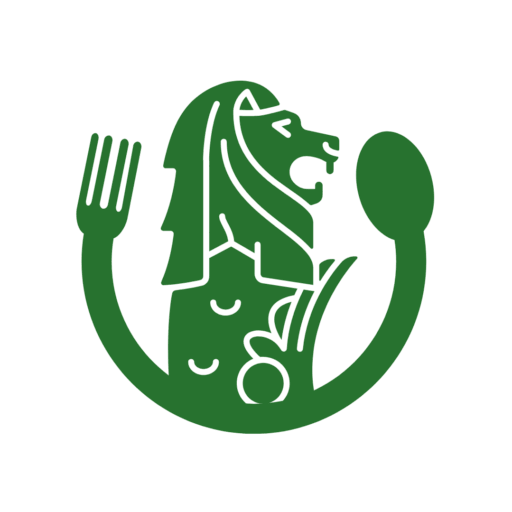 A minimalist logo featuring the iconic Singapore Merlion set within a circular frame formed by a fork on the left and a spoon on the right, symbolizing Singapore’s vibrant culinary scene.