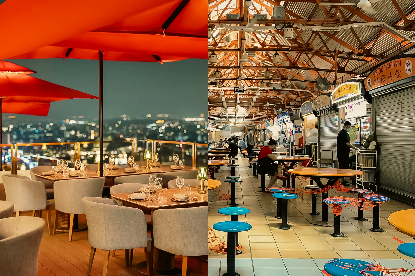 Wide-angle eye-level shot comparing an elegant fine dining restaurant in Singapore with city skyline views on the left, and a casual hawker-style dining area with shared tables on the right, highlighting the contrast between fine dining and casual restaurants in Singapore.