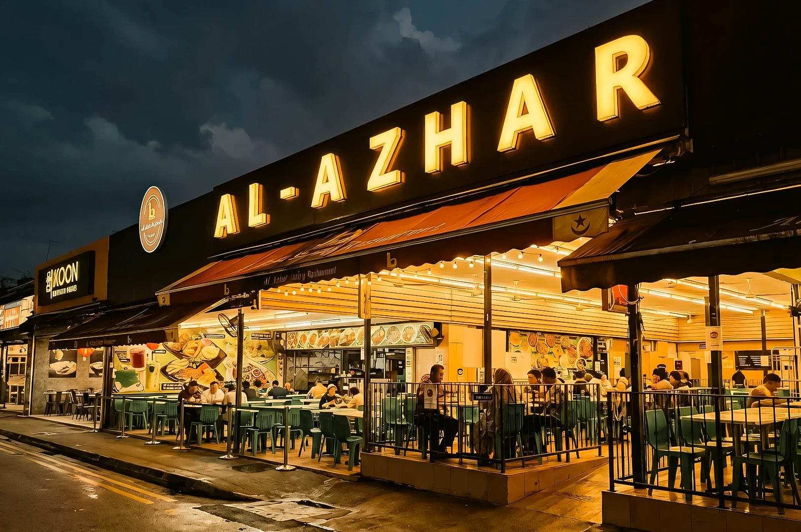 Wide-angle exterior night shot of Al‑Azhar restaurant featuring illuminated yellow signage, outdoor seating filled with diners, and a brightly lit open-front dining area along a wet street.