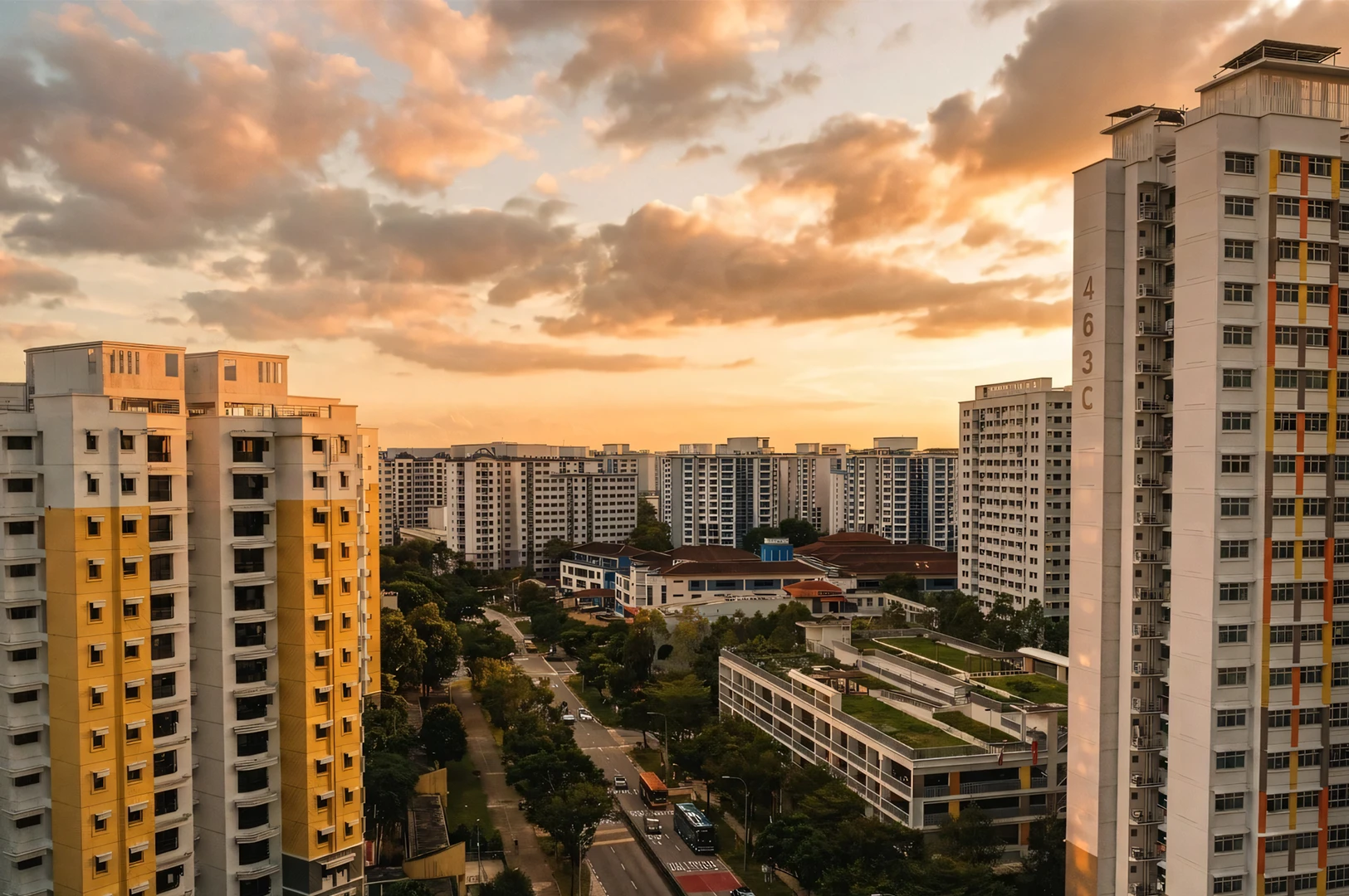 High-angle wide shot of Sembawang residential blocks at sunset, showing public housing towers, surrounding greenery, and neighborhood streets to establish local context.
