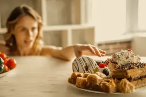 Shallow depth-of-field side-angle shot of a person reaching toward a plate of assorted pastries and desserts on a wooden table, with natural light from a window in the background.