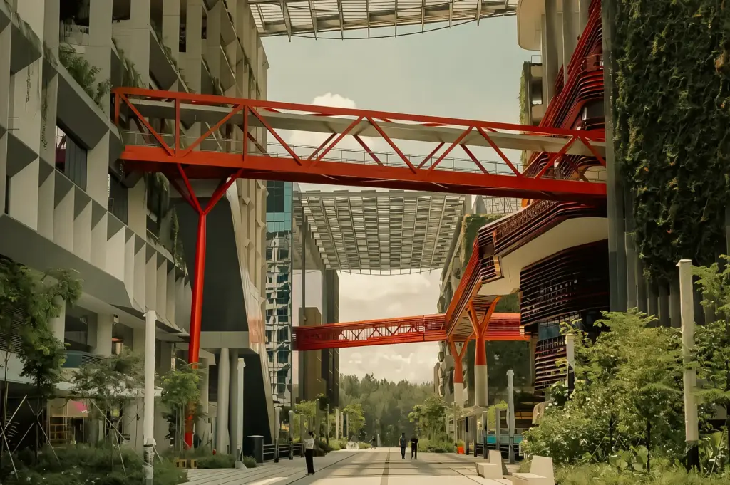 Low-angle wide shot of Punggol Coast Mall’s biophilic design, showing red sky bridges connecting modern buildings, vertical greenery, and landscaped walkways.