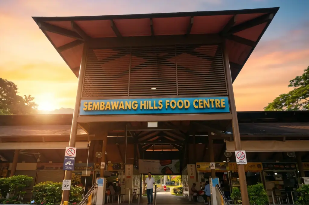 Low-angle wide shot of Sembawang Hills Food Centre entrance, showing the wooden-roof structure, signage, and open walkway at sunset, contextualizing a neighborhood hawker setting.