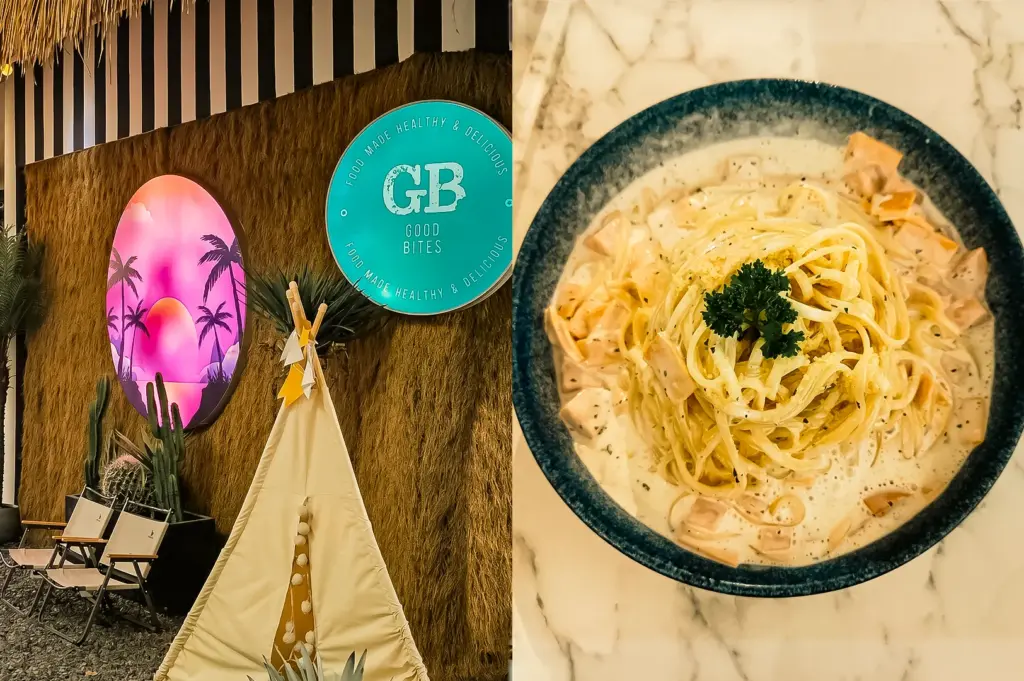 Left: An eye-level, wide-angle shot of an outdoor restaurant patio wall featuring a textured brown straw-like covering, a circular pink neon sunset sign with palm tree silhouettes, a teal circular logo sign, a small beige teepee tent, and two folding camping chairs. Right: A top-down, close-up shot of a dark blue ceramic bowl filled with creamy pasta, scattered ham cubes, and a fresh green parsley garnish, placed on a white marble-patterned tabletop.
