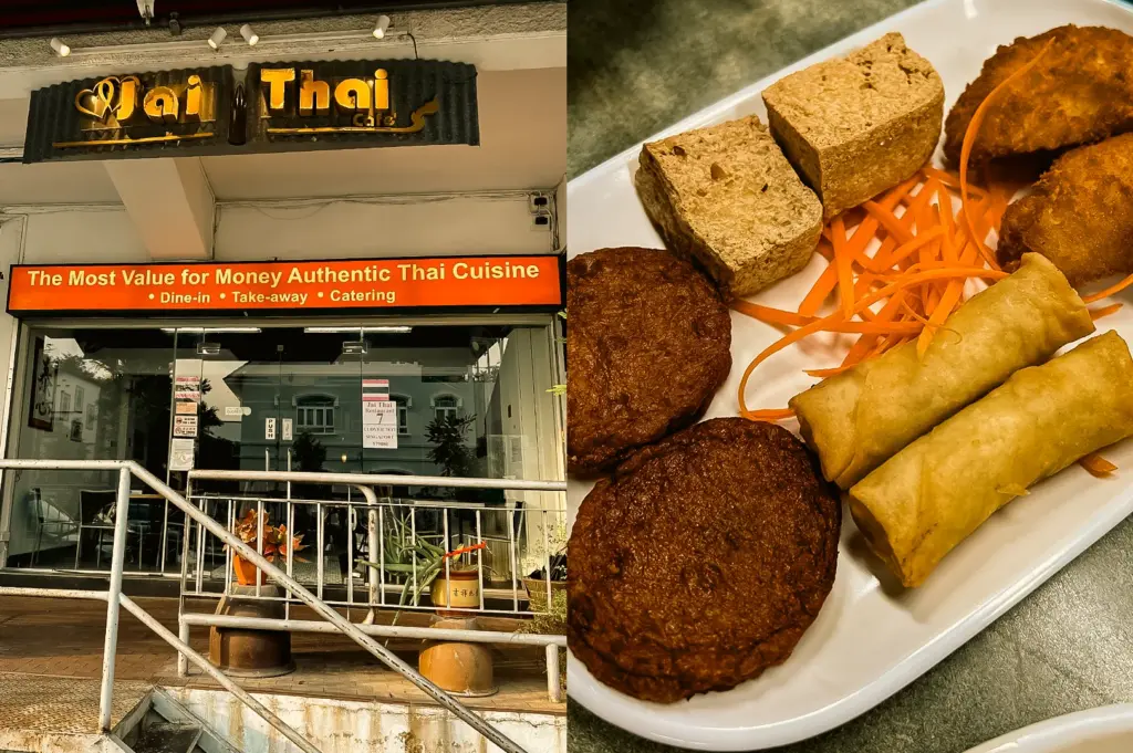 Left: An eye-level, straight-on shot of a restaurant storefront with an orange sign reading 'The Most Value for Money Authentic Thai Cuisine' beneath a backlit brand logo, showcasing a glass entrance door and a white metal staircase railing in the foreground. Right: A high-angle, close-up shot of a white ceramic plate containing fried spring rolls, round brown patties, crispy tofu blocks, and a pile of shredded orange carrots resting on a textured tabletop.