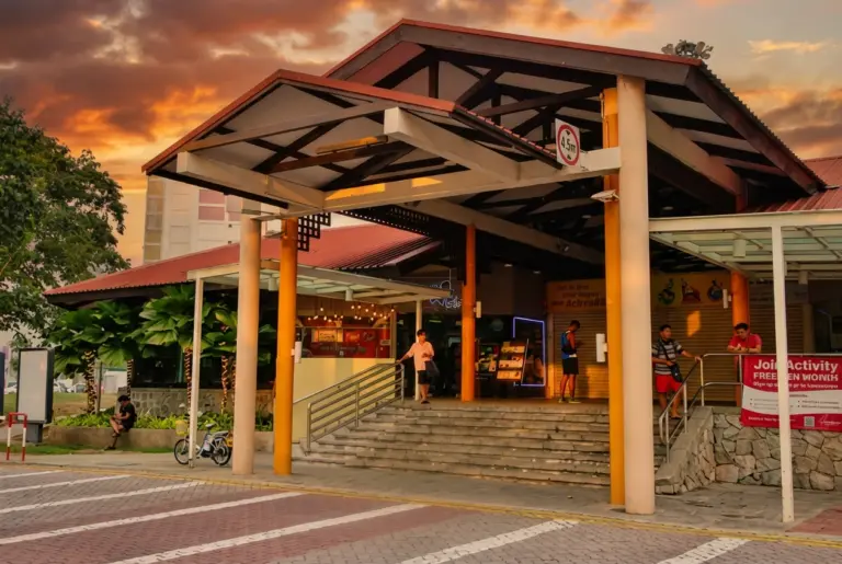 Exterior view of Citrus By The Pool at sunset, showing the entrance steps and covered walkway bathed in warm, golden-hour light.