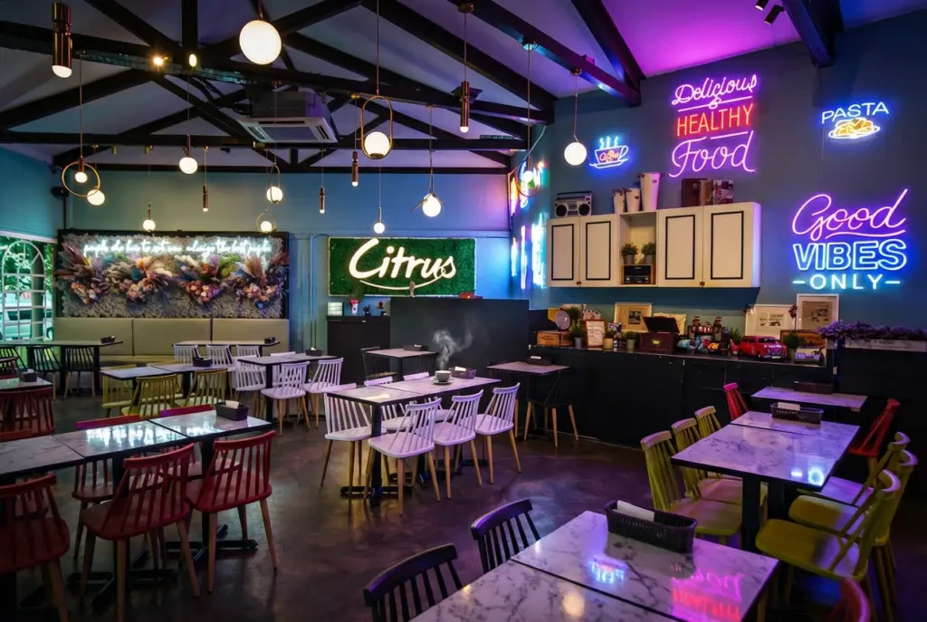 The vibrant, retro-inspired interior of Citrus By The Pool, featuring colorful chairs, hanging lights, and glowing neon signs that read "Delicious Healthy Food" and "Good Vibes Only."