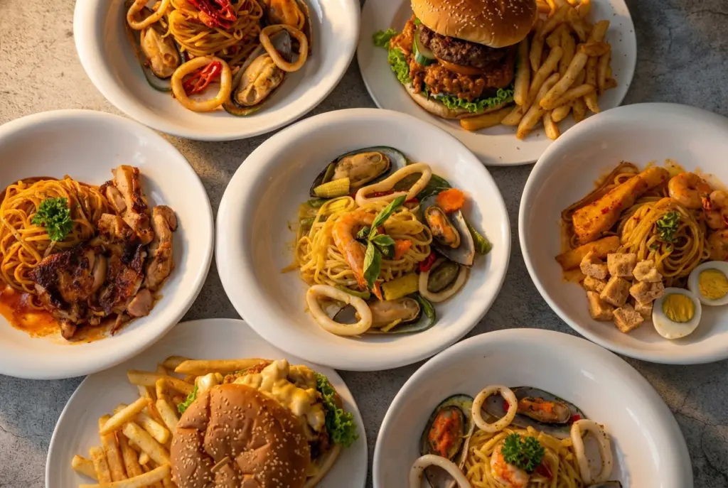 An overhead view of a hearty spread at Citrus By The Pool, including various plates of seafood and chicken pasta alongside a large burger and fries.
