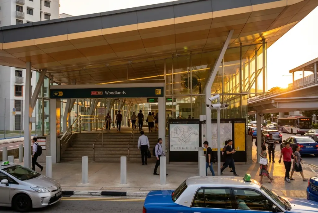The exterior of the Woodlands MRT station during sunset, showing commuters and taxis, highlighting the restaurant's accessible location.
