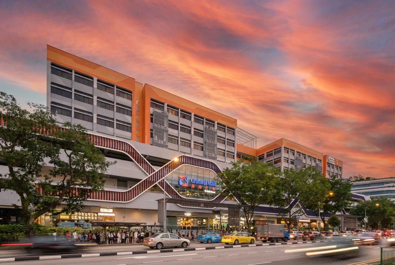 Exterior view of Grantral Mall in Clementi Town Centre under a vibrant sunset sky, with bustling street traffic and pedestrians passing by.