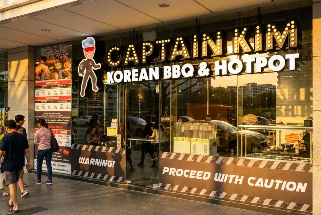 The brightly lit storefront of Captain Kim Korean BBQ & Hotpot in Clementi, featuring its signature mascot logo, glass windows, and playful warning tape decor.