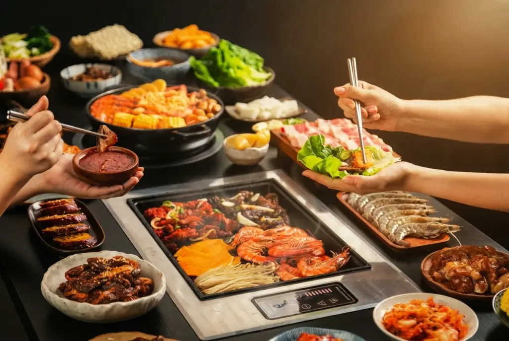 Diners enjoying a Korean BBQ feast, using chopsticks to grab food from a hot grill loaded with marinated meats, fresh prawns, and surrounded by colorful side dishes.