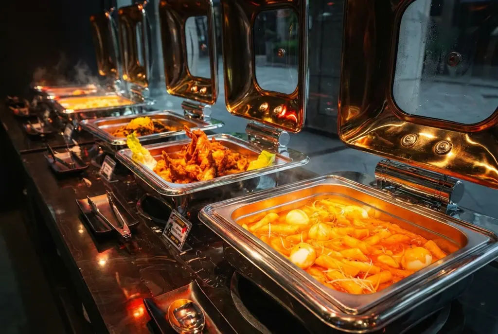 A warm buffet spread at Captain Kim BBQ featuring stainless steel chafing dishes filled with popular cooked Korean foods like spicy tteokbokki and crispy fried items.