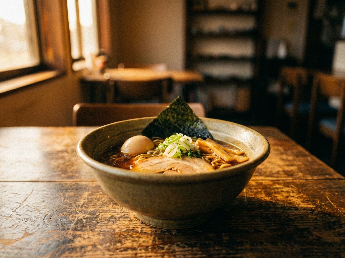 A steaming bowl of traditional Japanese ramen sits centered on a rustic, weathered wooden table in a dimly lit, quiet restaurant. The ramen is garnished with a slice of chashu pork, a soft-boiled egg, bamboo shoots, green onions, and a sheet of nori, capturing a moment of peaceful, everyday ritual.
