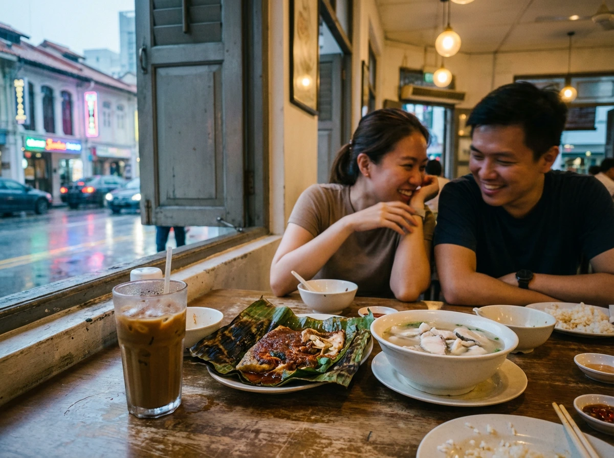 A young couple smiles warmly at each other while sharing a meal at a rustic eatery next to an open window. Outside, city lights reflect on a rain-slicked street. Their wooden table holds an iced coffee, a bowl of fish soup, and grilled seafood served on a banana leaf.