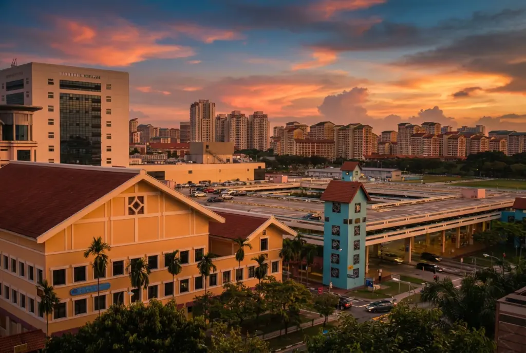 An elevated cityscape view of the Bishan neighborhood at dusk, featuring a sprawling parking structure, a distinctive blue tower, and densely packed residential HDB blocks set against a vibrant, cloudy sunset sky.