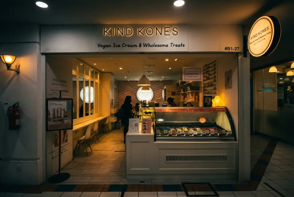 The warmly lit, inviting storefront of Kind Kones, a shop specializing in vegan ice cream and wholesome treats, showing a display freezer filled with colorful ice cream flavors and customers inside.
