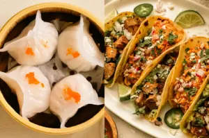 Overhead flat lay comparison of dim sum shrimp dumplings (har gow) in bamboo steamer and street tacos with beef, cilantro, onions, and lime on plate, best lunch spots Singapore fusion comparison