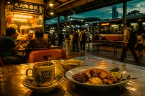 Traditional Singapore kopi (local coffee) served in a vintage ceramic cup at a bustling hawker center with Hainanese chicken rice and street-side dining scene, captured in a warm low-angle close-up shot highlighting authentic Singapore food culture and evening atmosphere.