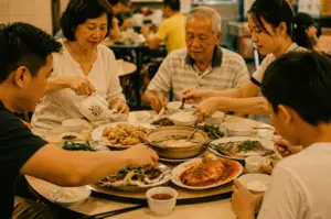 Eye-level medium-wide shot of a family-style shared meal at a round table in a Singapore coffee shop, featuring dishes like steamed fish, sambal seafood, soup pot, vegetables, and rice, with multiple people reaching in to serve food, highlighting communal dining and traditional zi char experience