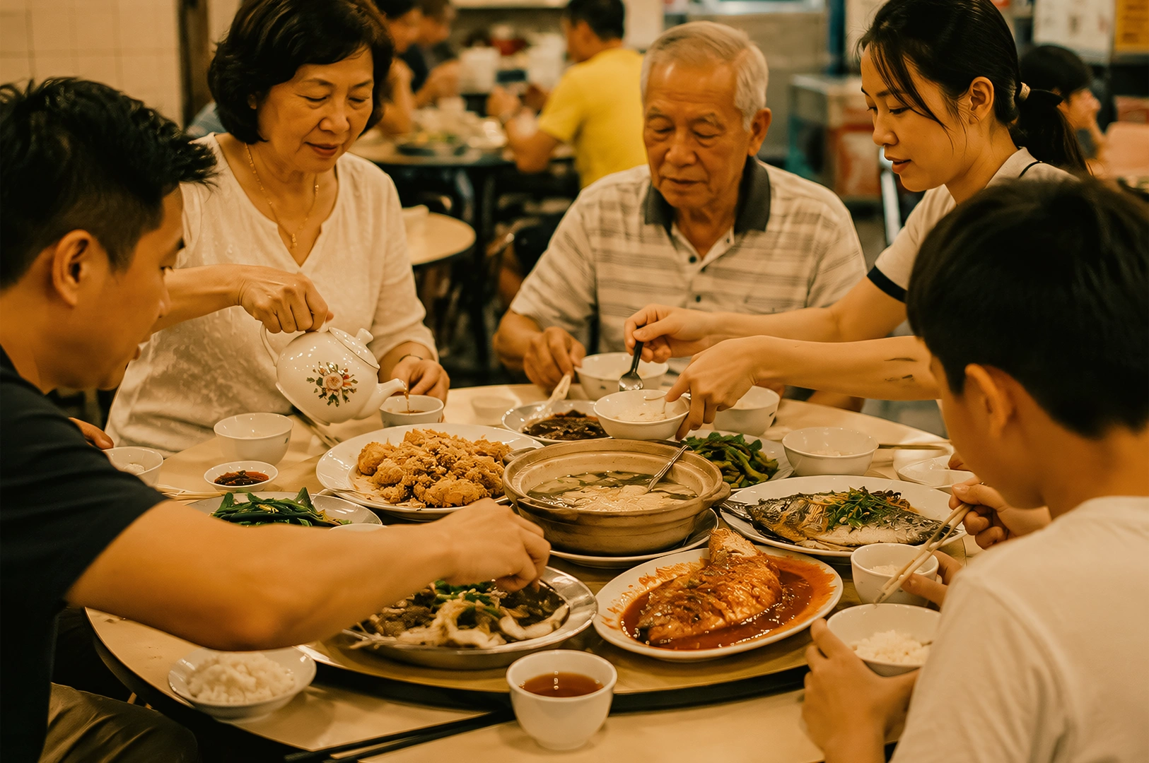 Eye-level medium-wide shot of a family-style shared meal at a round table in a Singapore coffee shop, featuring dishes like steamed fish, sambal seafood, soup pot, vegetables, and rice, with multiple people reaching in to serve food, highlighting communal dining and traditional zi char experience