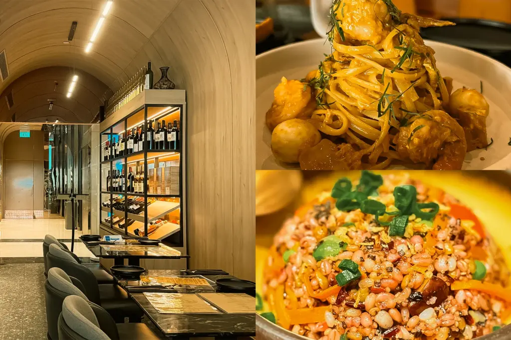 “Left: Wide-angle eye-level view of Binary restaurant interior featuring a curved wood-paneled ceiling, marble-topped dining tables, upholstered chairs, illuminated wine display shelves, reflective surfaces, and warm ambient lighting that creates a modern upscale dining atmosphere. Upper Right: Close-up three-quarter angle of Seafood Laksa Pasta served in a shallow bowl, featuring stacked pasta strands coated in orange laksa sauce, surrounded by seafood pieces and garnished with finely sliced herbs, highlighting glossy textures and vibrant colors. Lower Right: Top-down close-up of 16 Grain Vegetable Fried Rice presented in a bowl, showcasing mixed grains, diced vegetables, beans, seeds, and chopped green onions, with varied colors and textures emphasized by warm lighting and detailed composition.”