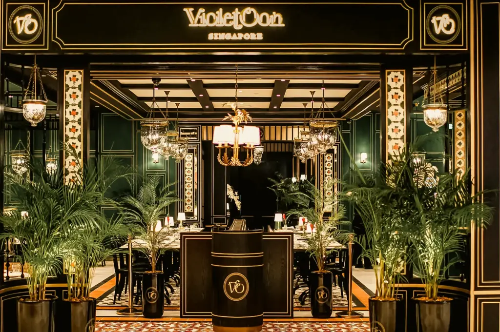 Violet Oon Singapore restaurant entrance with lush greenery and ornate decor, highlighted by warm chandelier lighting and ambient interior glow, captured in a symmetrical eye-level wide shot.