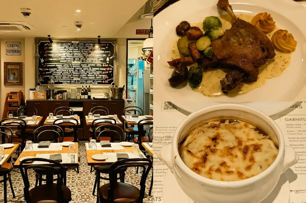 “Left: Wide-angle eye-level view of a French bistro dining area with neatly arranged wooden tables, bentwood chairs, place settings, patterned floor tiles, framed wall décor, and a large handwritten menu board above a service cabinet under warm indoor lighting. Upper Right: Top-down close-up of duck confit plated on a white dish with Brussels sprouts, mushrooms, browned vegetables, and a light sauce, showcasing crisp and tender textures. Lower Right: Eye-level close-up of French onion soup served in a white ceramic bowl, topped with melted browned cheese over rich broth, set on a table with a printed menu beneath the place setting.”