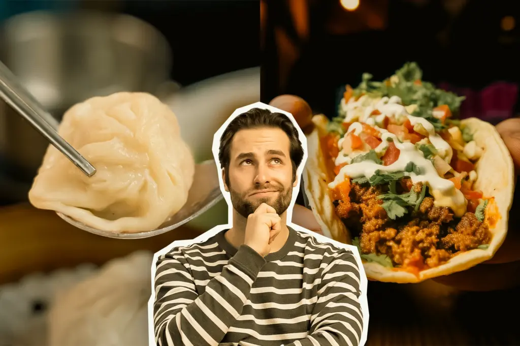 Split composition close-up showing dim sum soup dumpling on spoon and loaded street taco with meat, cilantro, and sauce, with central figure deciding between quick bite lunch options in Singapore food scene