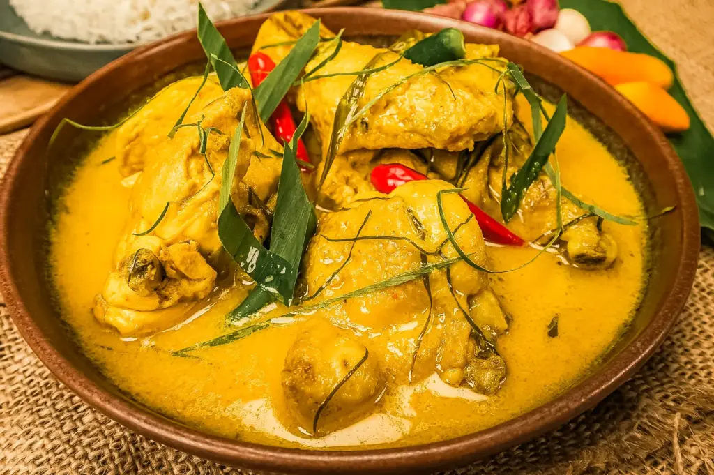 Close-up top-down shot of ayam lemak chicken curry in rich yellow coconut gravy garnished with chili and herbs representing authentic Minang cuisine in Singapore