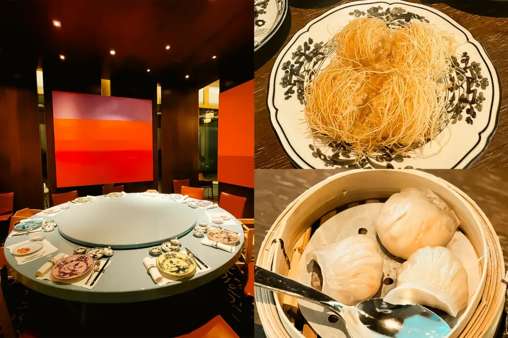 “Left: Wide-angle eye-level view of an upscale Chinese restaurant private dining room with a large round table, rotating glass lazy Susan, decorative porcelain tableware, red dining chairs, dark wood-paneled walls, and large abstract red artwork illuminated by warm ceiling lighting. Upper Right: Top-down close-up of deep-fried taro pastries arranged on a patterned plate, showcasing delicate crispy shredded pastry strands and golden-brown texture against a dark wooden tabletop. Lower Right: Top-down close-up of steamed prawn dumplings presented in a bamboo steamer basket with a serving spoon, featuring translucent pleated wrappers that reveal the filling beneath and highlight the glossy surface texture.”