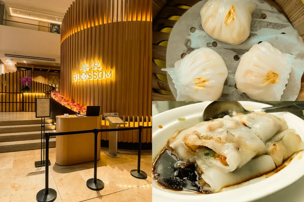 “Left: Wide-angle eye-level view of Blossom Restaurant’s reception area, featuring a glowing Blossom sign mounted on a curved wooden slat wall, warm ambient lighting, a host podium, queue barriers, stone flooring, and floral decorative accents in a refined modern setting. Upper Right: Top-down close-up of prawn har gow arranged in a bamboo steamer, displaying translucent handcrafted dumpling wrappers with pleated folds and subtle golden garnish on top. Lower Right: Close-up three-quarter angle of steamed crispy red rice rolls with scallop and shrimp served on a white plate, featuring smooth rice noodle sheets layered over seafood filling and finished with a glossy dark sauce that pools around the rolls.”