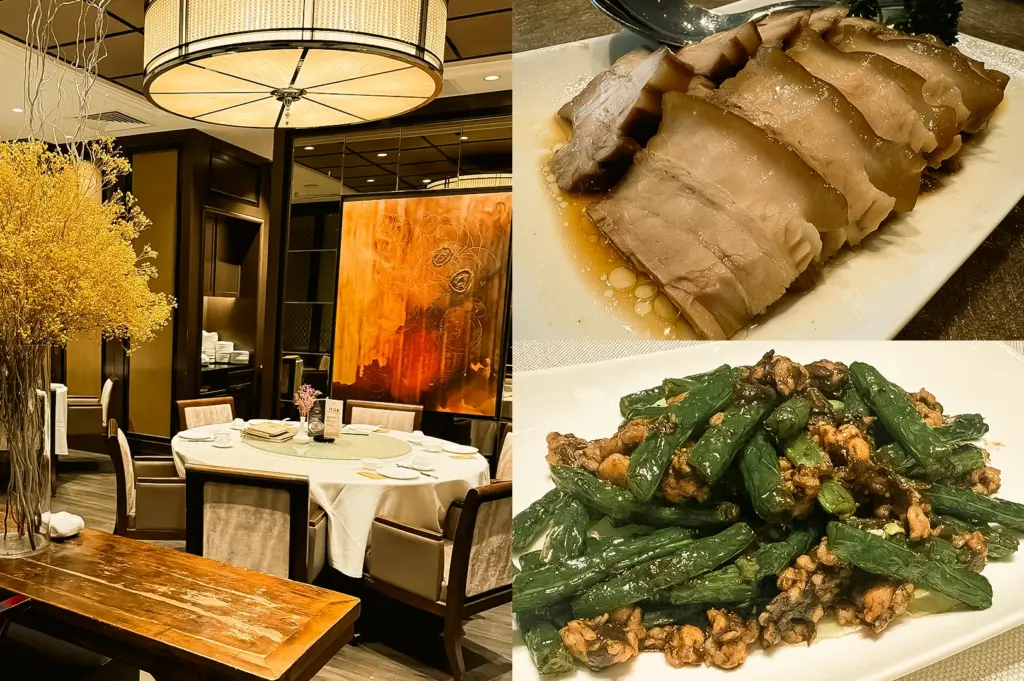 “Left: Wide-angle eye-level view of Imperial Treasure Fine Teochew Cuisine dining room, featuring round tables with white tablecloths, upholstered chairs, a large circular pendant light, dark wood paneling, floral arrangements, and warm ambient lighting creating an elegant restaurant setting. Upper Right: Close-up three-quarter angle of marinated pork belly sliced and arranged on a rectangular white platter, with glossy sauce pooling beneath the meat and highlighting the layered texture of lean and fatty portions. Lower Right: Close-up eye-level view of sautéed string beans with minced pork and preserved black olives served on a white plate, showcasing vibrant green beans, browned minced pork, and a glossy stir-fried finish with rich texture contrast.”