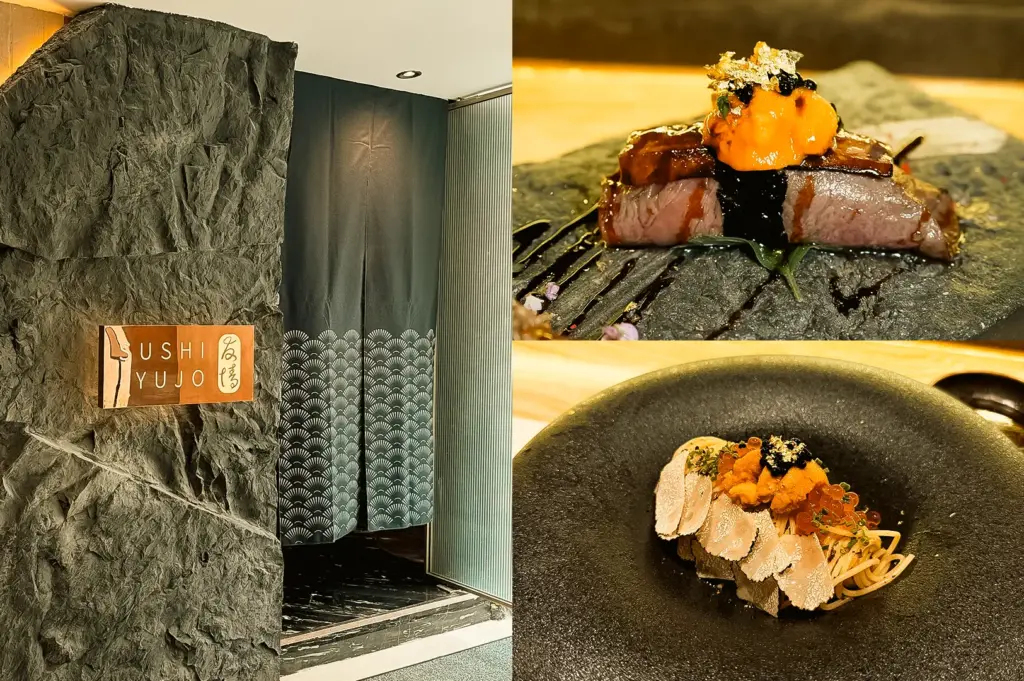 “Left: Wide-angle eye-level view of Sushi Yujo entrance, featuring a textured stone wall, wooden restaurant sign, patterned decorative panels, and a minimalist Japanese-inspired design illuminated by soft indoor lighting. Upper Right: Close-up three-quarter angle of an omakase course plated on a dark stone dish, featuring seared slices topped with a bright orange garnish, black roe, and metallic gold accents, emphasizing refined presentation and contrasting textures. Lower Right: Top-down close-up of an omakase pasta-style dish served in a matte black bowl, topped with thin white truffle slices, orange seafood garnish, roe, and finely cut herbs arranged over noodles, highlighting delicate textures and premium ingredients.”