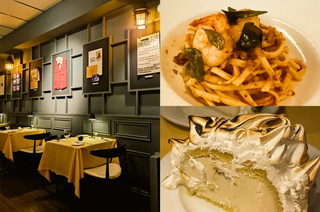 “Left: Wide-angle eye-level view of Shashlik Restaurant interior, featuring neatly arranged dining tables with cream tablecloths, framed displays mounted on dark paneled walls, decorative wall lighting, and a classic fine-dining atmosphere with warm illumination. Upper Right: Top-down close-up of Hae Bee Hiam Pasta served in a white bowl, showing noodles tossed with sauce and topped with shrimp and green leaves, emphasizing glossy textures and rich colors. Lower Right: Close-up three-quarter angle of Petite Baked Alaska sliced open on a white plate, revealing layers of toasted meringue, cake, and ice cream, with golden-brown peaks and creamy textures highlighted by warm lighting.”