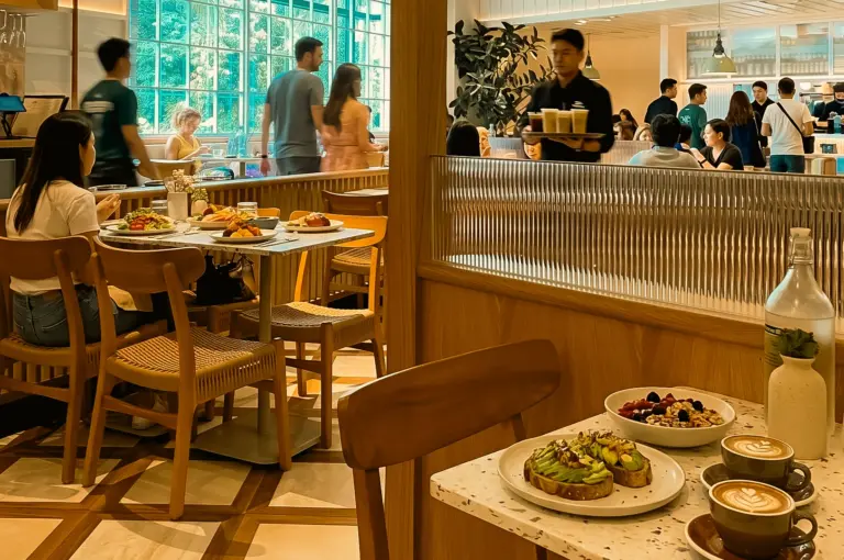 Wide-angle eye-level shot of a busy modern café interior with wooden furniture, terrazzo tables, and warm ambient lighting, featuring plated brunch dishes including avocado toast, granola bowls, and two cups of latte in the foreground, while multiple diners and staff move through the softly lit space with large grid windows casting natural light.