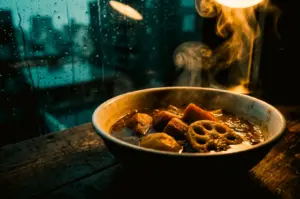 Close-up eye-level shot of a steaming bowl of Japanese soup curry filled with root vegetables on a rustic wooden surface, set beside a rain-speckled window with soft city lights in the background, highlighting warm, cozy indoor dining during a rainy evening