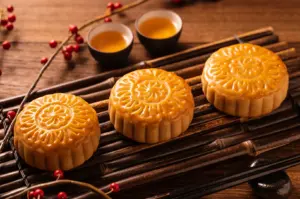 Angled shot of traditional baked mooncakes with golden crust on bamboo mat with tea cups, Mid Autumn Festival Singapore