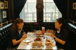 Eye-level medium shot of two diners seated across a marble table in a cozy, upscale café restaurant, enjoying desserts, plated dishes, and drinks with warm natural window light, elegant black leather seating, and framed wall art creating a relaxed fine dining atmosphere.