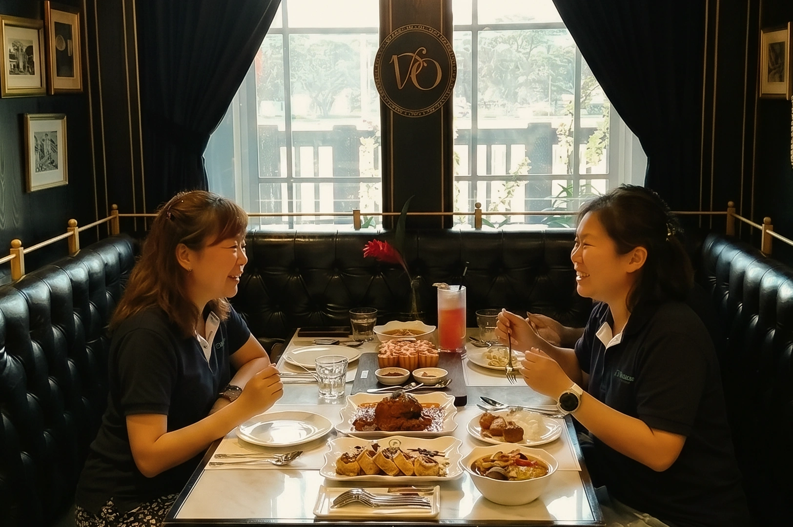 Eye-level medium shot of two diners seated across a marble table in a cozy, upscale café restaurant, enjoying desserts, plated dishes, and drinks with warm natural window light, elegant black leather seating, and framed wall art creating a relaxed fine dining atmosphere.