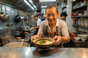 An eye-level, medium close-up portrait of an elderly male hawker stall owner smiling as he extends a steaming, freshly prepared claypot of noodle soup with an egg directly toward the camera, captured in a brightly lit, authentic commercial kitchen setting with other cooks and stainless steel cookware visible in the background.
