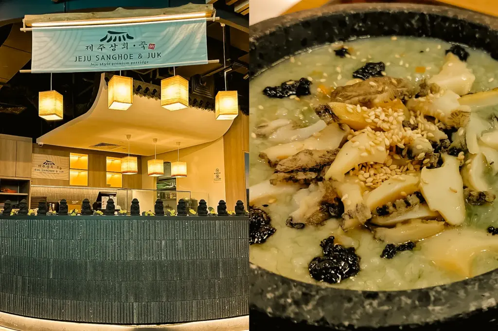 On the left: an eye-level, medium interior shot of Jeju Sanghoe & Juk at myVillage showing traditional hanging lanterns, a counter with stone statues, and warm lighting. On the right: a high-angle, close-up shot of a steaming stone bowl filled with thick Korean abalone porridge topped with sliced abalone, seaweed flakes, and toasted sesame seeds.