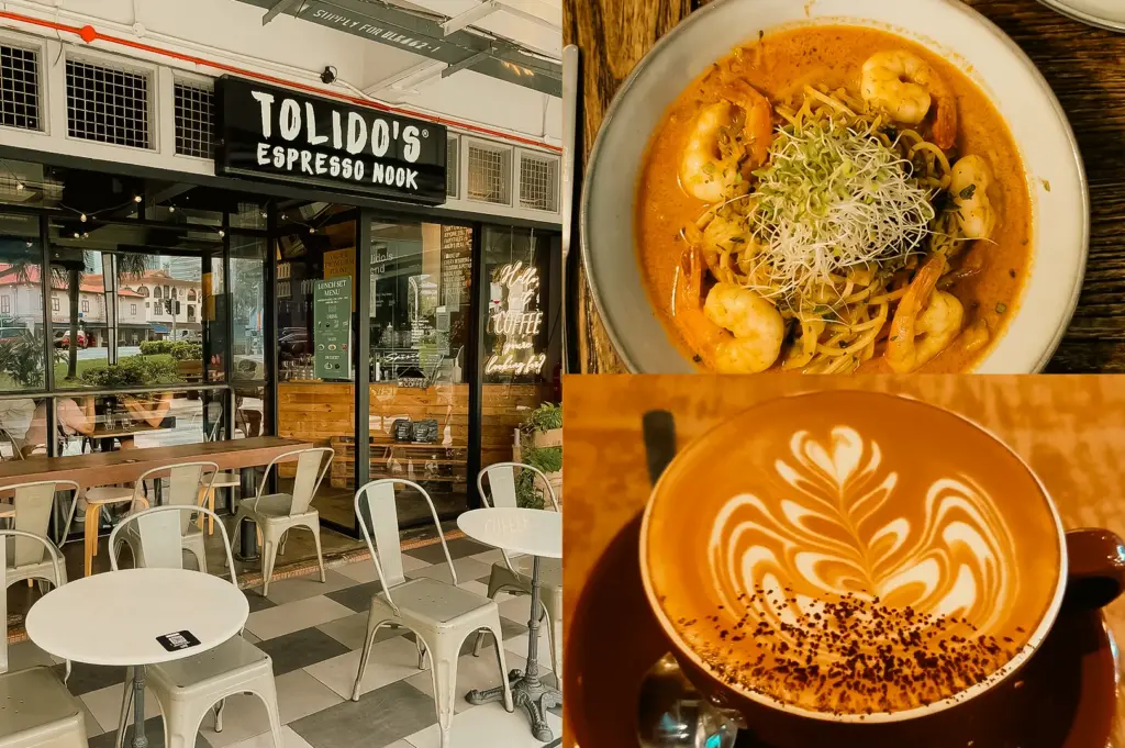 Left: eye-level wide shot of a café storefront with a black sign reading ‘Tolido’s Espresso Nook,’ glass windows, outdoor metal chairs and round tables on a tiled patio, and a street view reflected in the glass; Upper Right: top-down close-up of a bowl of prawn pasta in a rich orange sauce garnished with shrimp and sprouts on a wooden surface; Lower Right: close-up eye-level shot of a cup of coffee with intricate latte art and cocoa powder on top, served in a brown cup and saucer with warm indoor lighting.