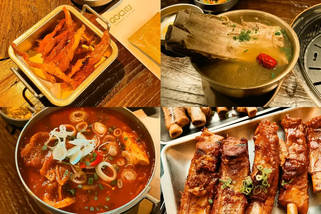 Top-down shot of Korean dining spread featuring galbitang beef soup, kimchi jjim stew, grilled pork ribs, and crispy fried chili at Gochu Korean Dining Singapore