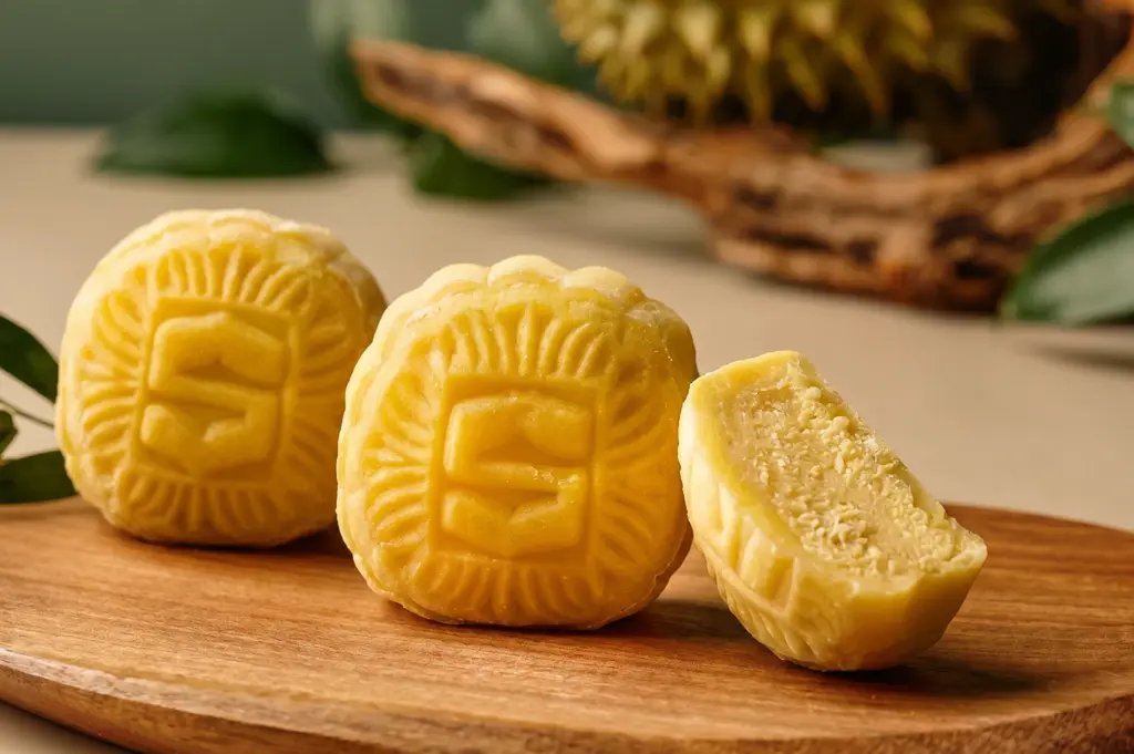 Eye-level close-up shot of snow skin mooncakes with durian filling on wooden board, modern Singapore mooncake flavours