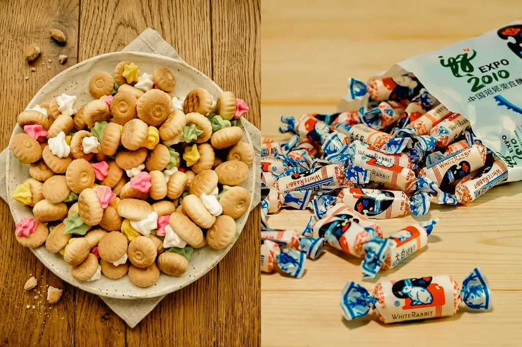 Left: Top-down shot of iced gem biscuits with colorful icing on a ceramic plate over a wooden table, emphasizing texture and crumbs in natural light; Right: Eye-level close-up of White Rabbit candy in wrappers spilling from a bag onto a wooden surface, showing crinkled packaging and bold graphics.