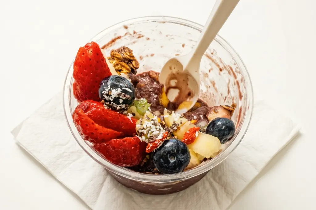 A high-angle, close-up top-down shot of a partially eaten clear bowl of açaí sitting on a white paper napkin, showcasing fresh strawberries, blueberries, kiwi slices, and superfood toppings with a white plastic spoon resting inside the dark purple mix.