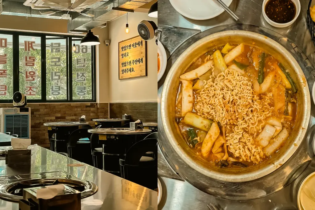 On the left: an eye-level, wide-angle interior shot of Kelim Dakdoritang's dining area featuring sleek black barrel-style tables and Korean text signage on a brick accent wall. On the right: a top-down, close-up shot of a wide metal pot filled with bubbling dakdoritang spicy chicken stew, instant ramen noodles, green onions, and rice cakes.